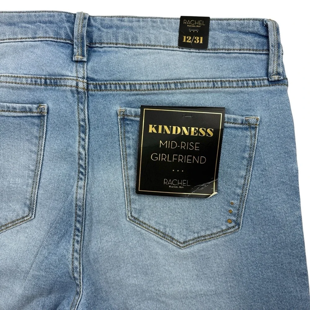Rachel Roy Jeans Sz 12 /31 Denim Straight Leg Distressed Mid Rise Girlfriend NWT